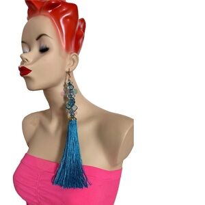 Fabulous Artisan PEACOCK Blue SHOULDER DUSTER Tasseled Single Pierced EARRING